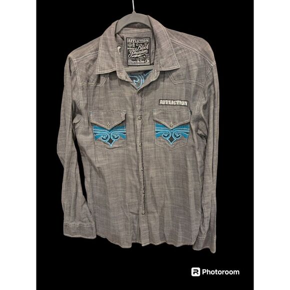 Affliction Shirt Mens Large Slim Gray Buckle Black Premium Embroidered Button Up - Picture 1 of 4